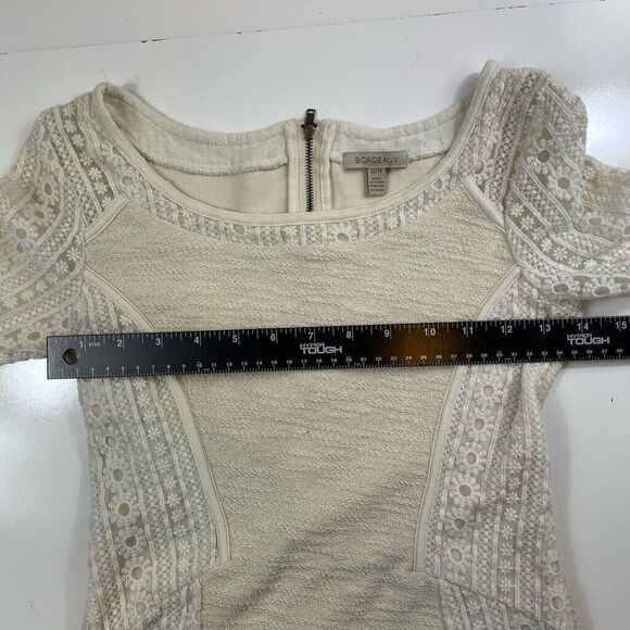 Bordeaux Sweater Dress Lace Cream Linen Quarter Sleeve Mini Fit Flare Size XS - Picture 4 of 7